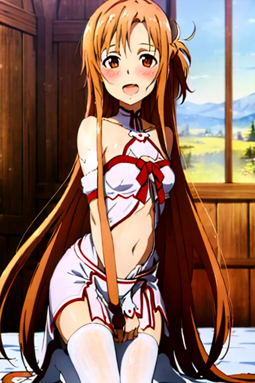 ((Best Quality)), ((masterpiece)), (be familiar with),  perfect face, indoor, bedroom,  watching viewers in the winter mountains ,
One woman, Yuuki Asuna,
 characters with open mouth ,  ecstatic expression , blush, smile,
Small breasts,  flat chest, , ,  kids, Girl,
Long Hair,  long hair,
Leg spread,