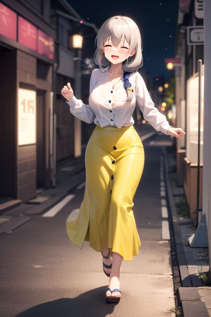 (masterpiece, best quality)symmetrical composition, dynamic ungle, full body,pov, 1girl, uzaki tsuki, HUGE BREAST, (yellow skirt, ltrench skirt, maxi skirt, long skirt, front button skirt), white long sweatshirt with v neck, white sweatshirt, standing,pov,steam from body, sweat, jump forward, Concentrated lines on the background,night, TOKYO, perspective,firework, open mouth, smile,(button on the chest of the clothes pops), (semi-long HAIR)