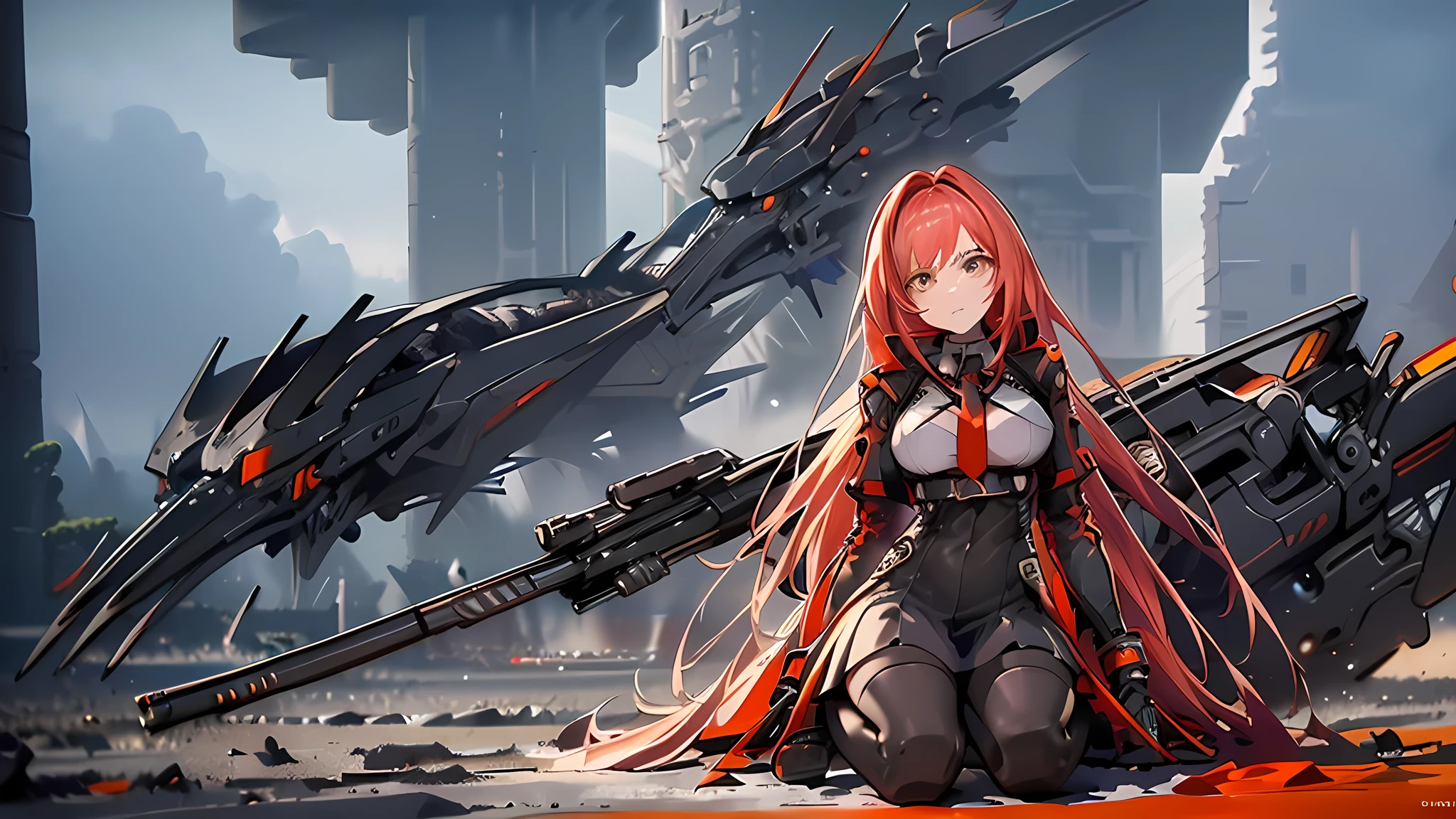 ((Best quality)), ((masterpiece)), (detailed:1.4), 3D, an image of a beautiful cyberpunk female, long burning red hair, burning hair, light brown eyes, Sharp eyes, Detailed Eyes, red Barret, Black Soldier Shirt, Black under cloth, black panty, Grenade belt, Big chest, Big thigh, High thigh black knee sock, full view of girl, black combat boot, red necktie, black glove, black combat suit, black jacket, black cloak, black panty, ammo belt, sitting on swinging chair, wide grassland as background, bright sky, evening time, outside, weapon, Barretta, Battle Rifle , 8k, high res,rapi nikke, HDR (High Dynamic Range),Ray Tracing,NVIDIA RTX,Super-Resolution,Unreal 5,Subsurface scattering,PBR Texturing,Post-processing,Anisotropic Filtering,Depth-of-field,Maximum clarity and sharpness,Multi-layered textures,Albedo and Specular maps,Surface shading,Accurate simulation of light-material interaction,Perfect proportions,Octane Render,Two-tone lighting,Wide aperture,Low ISO,White balance,Rule of thirds,8K RAW,