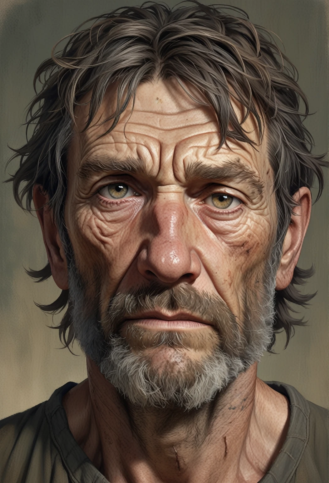 A highly detailed, realistic photograph of a man with unattractive features, focusing on imperfections, rough skin, and an unkempt appearance. The man has a rugged and weathered face with uneven skin texture, wrinkles, and visible pores. His expression is neutral or slightly disheartened, and he has messy, disheveled hair, with a scruffy beard and shadows under his eyes. The background is simple and muted to keep the focus on his facial details, showcasing every wrinkle, blemish, and imperfection in high resolution