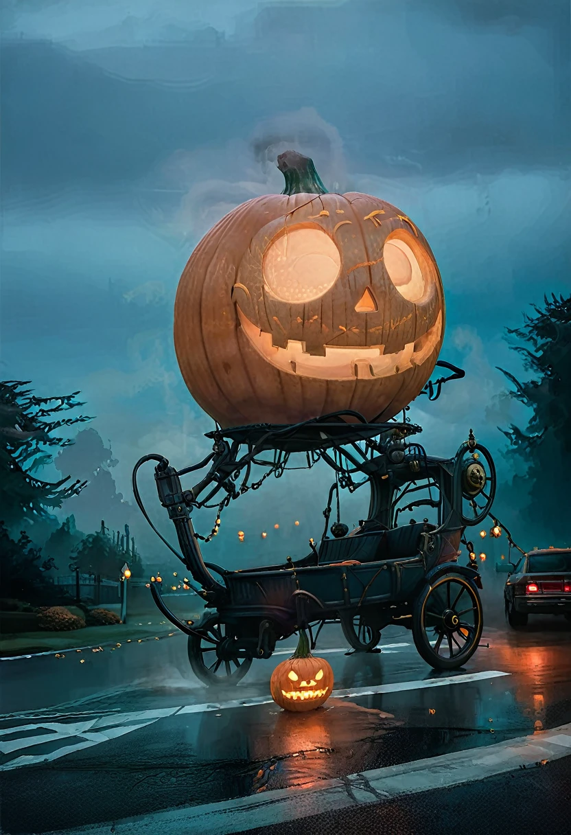 ssta, concept - Enchanted Pumpkin Carriage driving down city roadway at Dusk: A magical scene featuring a breathtaking pumpkin carriage, beautifully adorned with intricate carvings and glowing from within, is captured at dusk, surrounded by soft, warm light and mysterious, swirling mist, reflecting the fairytale charm and wonder of the enchanted vehicle, and contrasting with typical mundane reality.