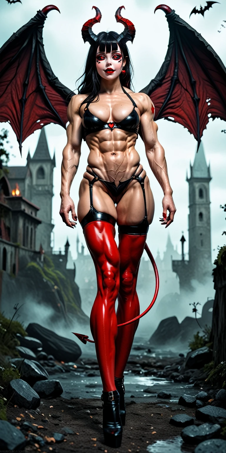 score_9, score_8_up, score_7_up, photo, photorealistic, Gorgeous sexy muscular (skinny) demon girl succubus, (red eyes, black sclera:1.5), (large demonic horns and wings:1.75), (skinless muscular physique, flayed skin, exposed flesh, tendons and veins:1.75), goth makeup,  demon style (skinny legs:0.75), (full body view), hellish landscape,