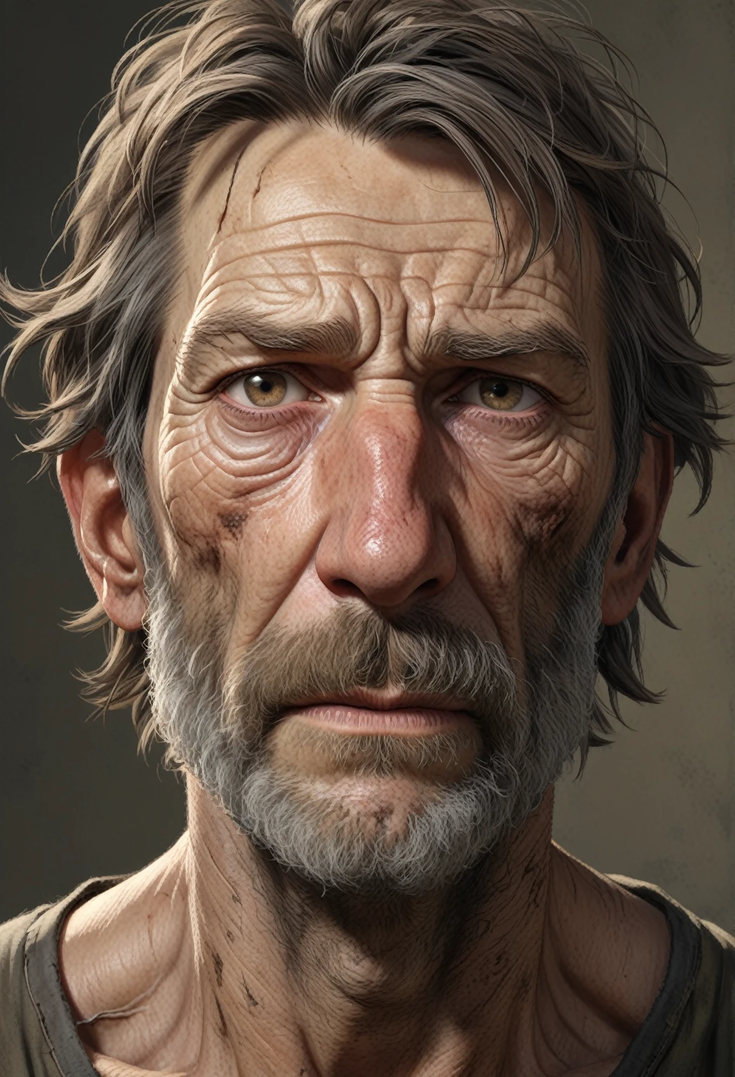 A highly detailed, realistic photograph of a man with unattractive features, focusing on imperfections, rough skin, and an unkempt appearance. The man has a rugged and weathered face with uneven skin texture, wrinkles, and visible pores. His expression is neutral or slightly disheartened, and he has messy, disheveled hair, with a scruffy beard and shadows under his eyes. The background is simple and muted to keep the focus on his facial details, showcasing every wrinkle, blemish, and imperfection in high resolution