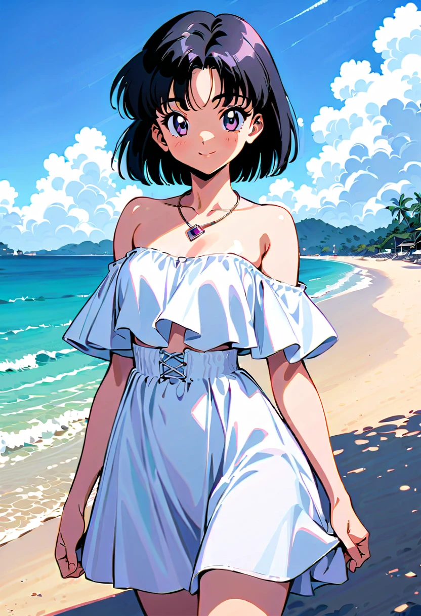 masterpiece, best quality, very aesthetic, absurdres, Sailor Saturn XL, 1990s \(style\), 1girl, solo, short hair, black hair, purple eyes, strapless, white dress, white ruffle off the shoulder top, white maxi skirt, on beach, necklace, light smile, cowboy shot,