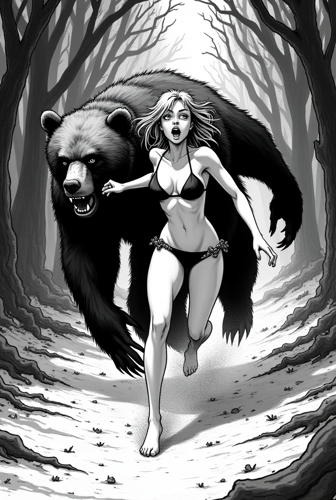 image of two women in the woods being attacked by a bear, mark brooks frank frazetta, greg hildebrandt, earl norem, tim hildebrandt, michael willan and carol buck, tim and greg hildebrandt, tim and greg hildebrandt, boris vallejo))))), boris vallejo artstyle, yoshitakka amano carol buck