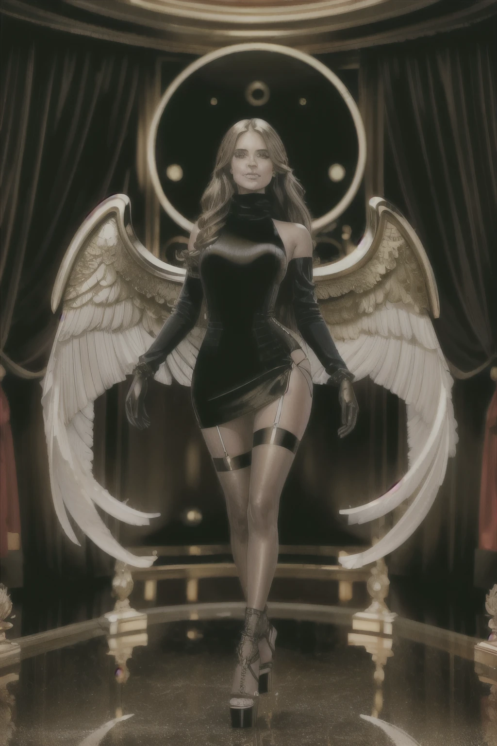 ((Masterpiece, best quality,edgQuality)),((golden turtleneck_dress))
edgVS, long hair, breasts, looking at viewer, smile, brown hair, gloves, full body, elbow gloves, sandals, realistic, angel ,wearing edgVS lingerie,wings
