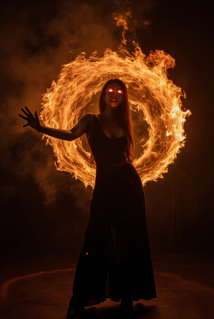 very beautiful girl as a witch her eyes glowing red as she casting fire magic, performing at dark stage, magic particles, full body photography, dynamic pose, blazing flame,, ,score_9, score_8_up, score_7_up, score_6_up,, ,masterpiece, best quality, intricate detail,