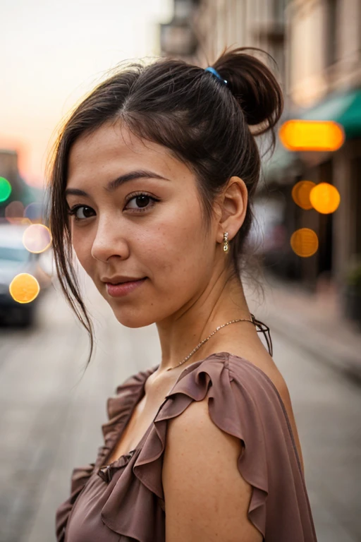 Close-up photo of a girl's face in a colorful dress, black hair ponytail, city street at sunset, bokeh