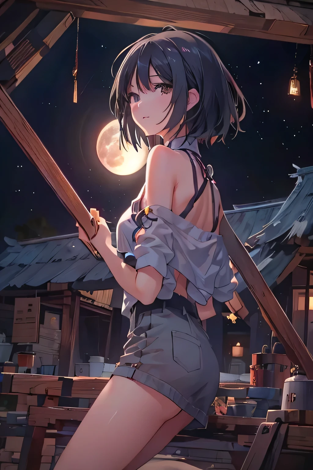 Full moon night。 Beautiful Girl with Black Hair, Bob-Cut, Brown Eyes。Admire the sky from the roof of a hut in the woods