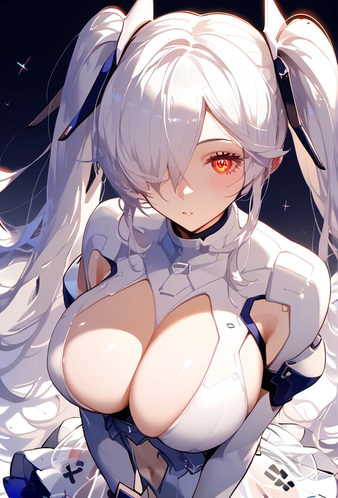 anachirox, twintails,  has big breasts、very long hair, white hair, hair over one eye, red eye 、white bodysuit, see-through skirt, white gloves, white footwear、ringed eyes、Close-up of girl, Top view, eyelashes, hands on chest