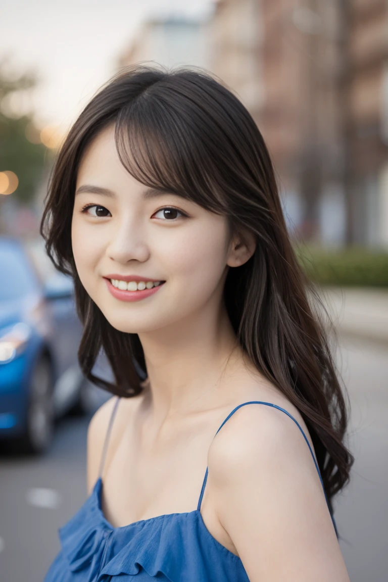 (Best Quality,masterpiece:1.3, ultra high resolution),( very detailed,8k),(Realistic:1.4,RAW shooting)。Blurred Background、The best smile。 hair fluttering in the wind 。cute。 I'm wearing a blue dress。25-year-old woman。Bust is C cup。 is facing the front。Night view。