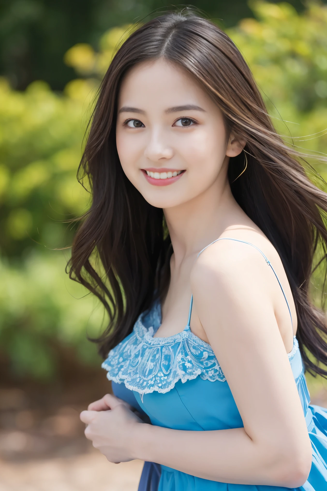 (Best Quality,masterpiece:1.3, ultra high resolution),( very detailed,8k),(Realistic:1.4,RAW shooting)。Blurred Background、The best smile。 hair fluttering in the wind 。cute。 I'm wearing a blue dress。25-year-old woman。Bust is C cup。 is facing the front。Night view。