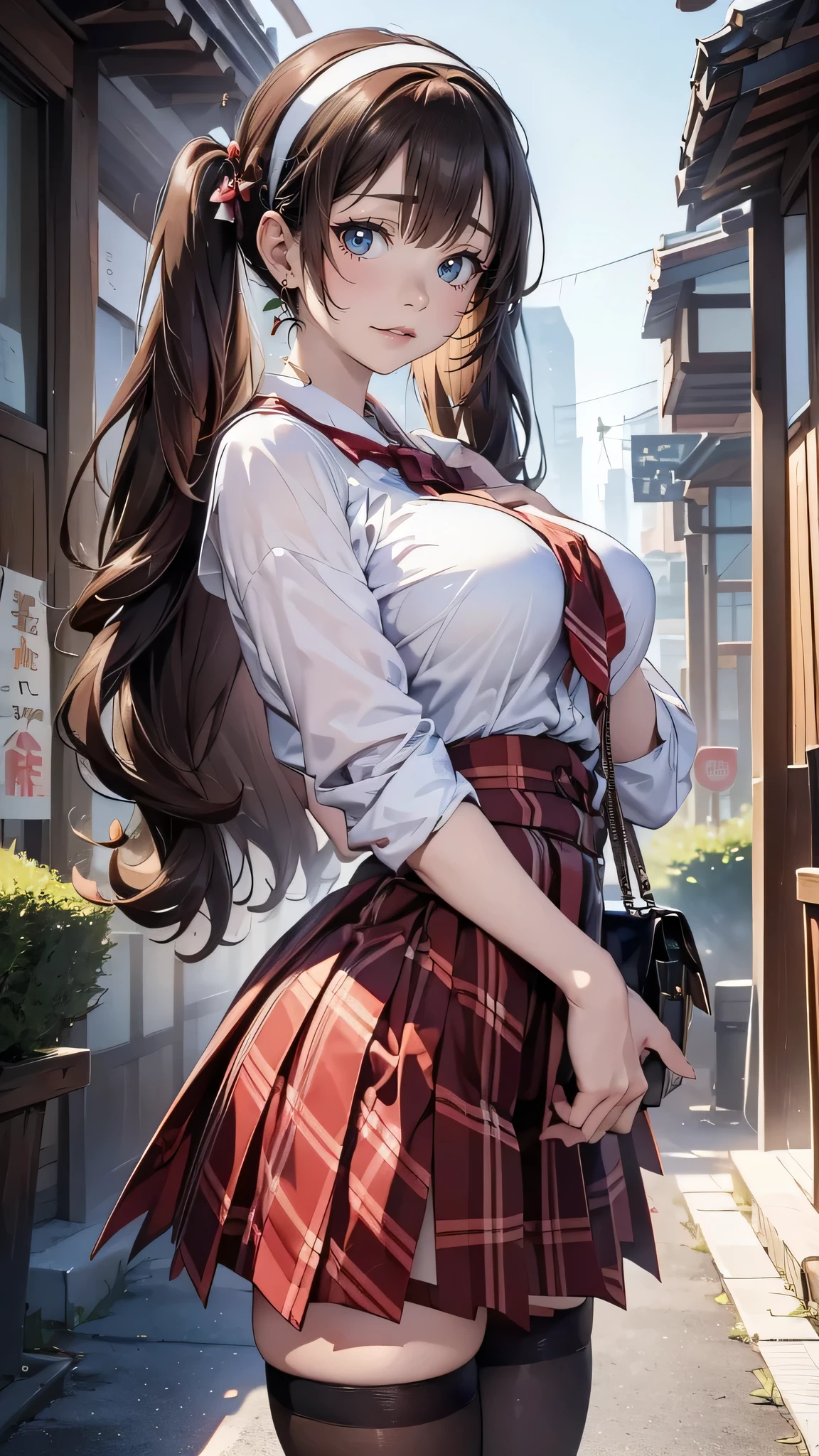 marimakinami, Mari Makinami, Japanese、Skin that is not too white、Big blue eyes, Brown Hair, Thick red-rimmed glasses, Big Breasts、Breast enlargement、Big Ass、head band, Twin tails, break dress shirt, pantyhose, Plaid, Plaid skirt, , shirt, skirt, break outdoors, city, break looking at viewer, break (masterpiece:1.2), Highest quality, High resolution, unity 8k wallpaper, (shape:0.8), (Fine and beautiful eyes:1.6), Highly detailed face, Perfect lighting, Highly detailed CG, (Perfect hands, Perfect Anatomy),