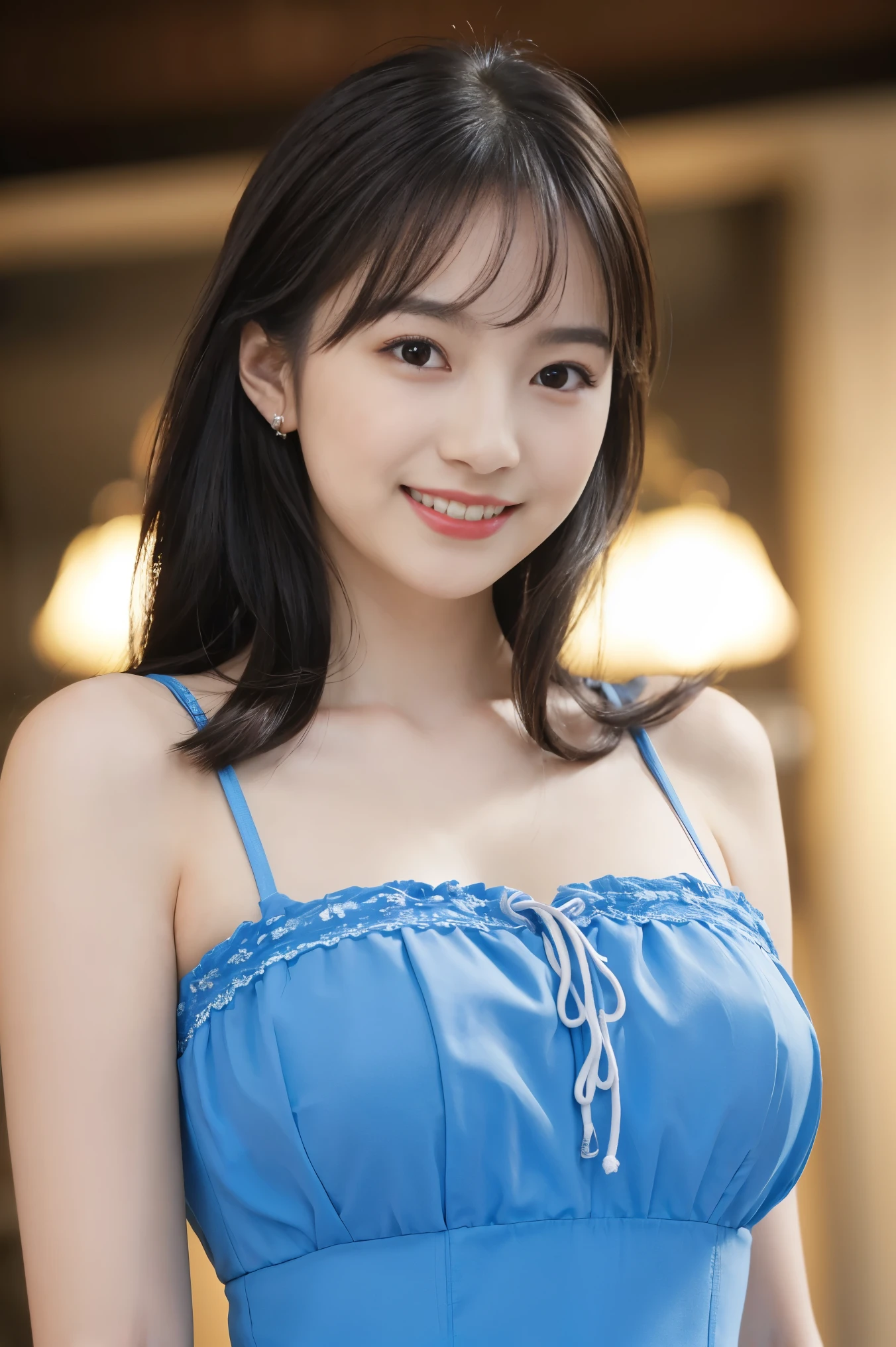 (Best Quality,masterpiece:1.3, ultra high resolution),( very detailed,8k),(Realistic:1.4,RAW shooting)。Blurred Background、The best smile。 hair fluttering in the wind 。cute。 I'm wearing a blue dress。25-year-old woman。Bust is C cup。 is facing the front。Night view。