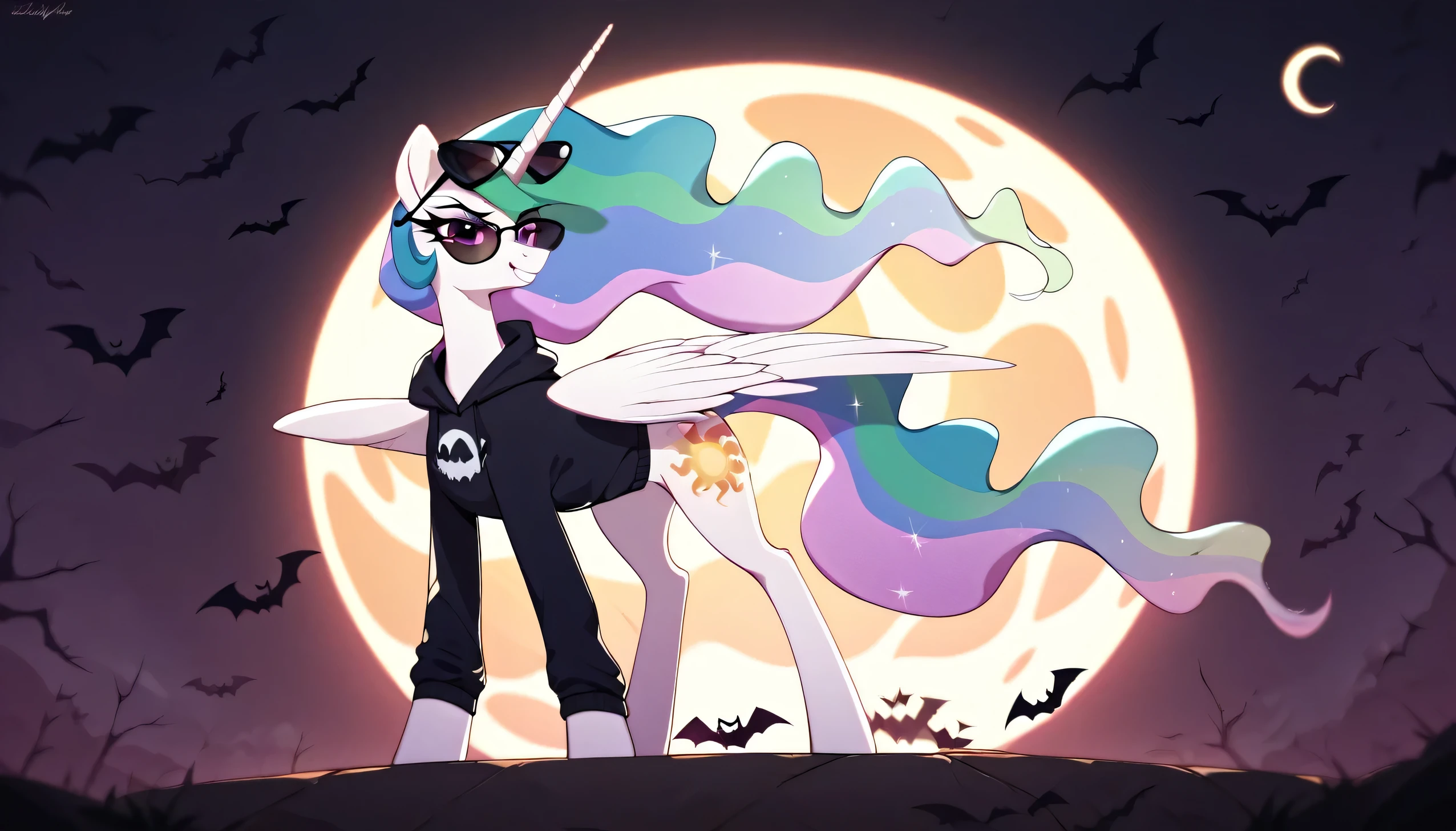 Score_9, Score_8_up, Score_7_up, Score_6_up, a serious female unicorn alicorn, Princess Celestia from My Little Pony. She is depicted wearing a dark sweatshirt with Halloween prints and sunglasses with tinted lenses that glow in the sunlight. Celestia's mane flows in a wavy pattern in pastel tones, with shades of blue, green and pink mixed together. She is looking at something out of the frame with a pleased expression. The setting is an urban Halloween environment with multi-story buildings with a glowing moon, Halloween style. full body
