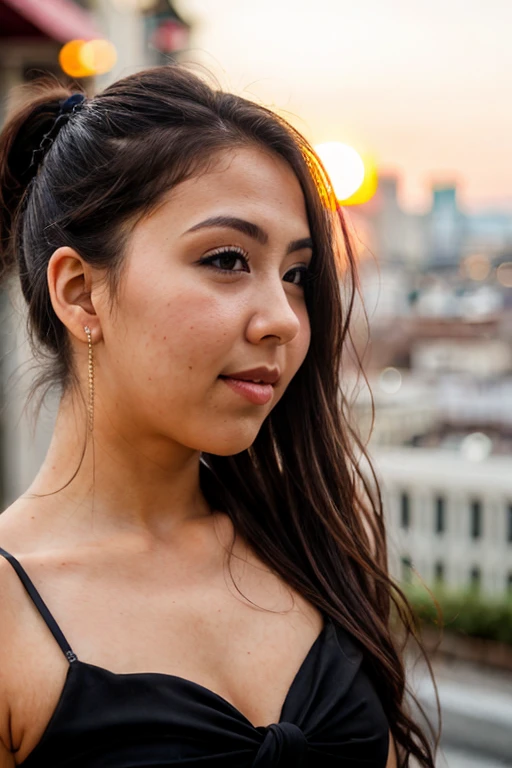 Close-up photo of a girl's face in a colorful dress, black hair ponytail, city street at sunset, bokeh