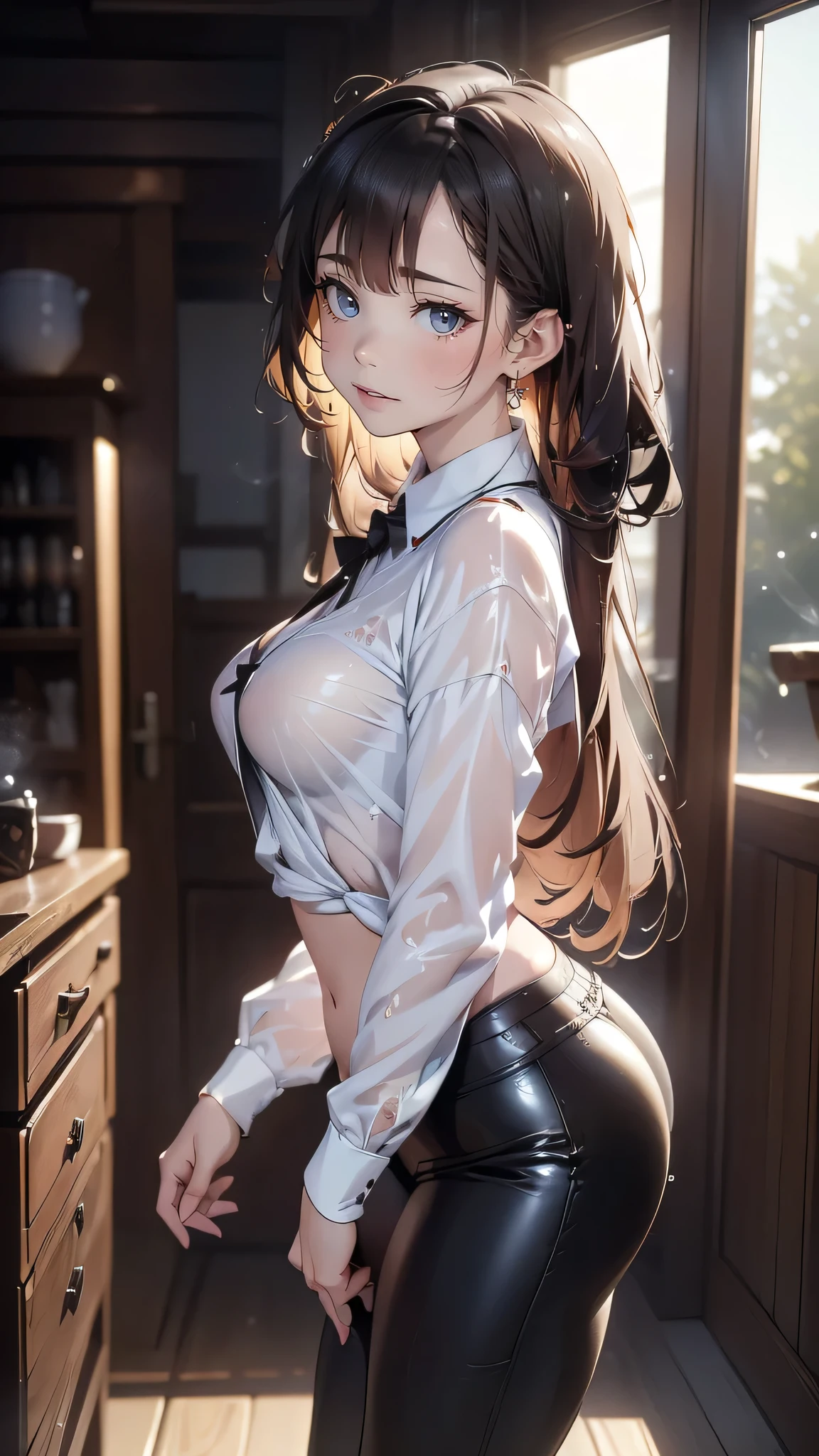 A beautiful girl in a white oversized shirt posing for the photo in the kitchen, anime girl, well-furnished kitchen, morning light, anime CG, big rounds breasts, open shirt, blue lace panties, dark brown hair, long bangs, long hair, messy hair, wavy hair, expressive hair, shiny hair, eyewear on head, hairband, embarrassed, shy, blush, glossy lips, nervous, facing another, facing another, confused, high detail, anime, anime style, depth of field, perfect pixel, good lighting, cinematic lighting, dithering, image fill, first-person view, wide shot, perspective, panorama, Wide-Angle, f/1.8, 85mm, Nikon, 8k, super detail, UHD, retina, masterpiece, accurate, anatomically correct, textured skin, high details, best quality, highres, 16k