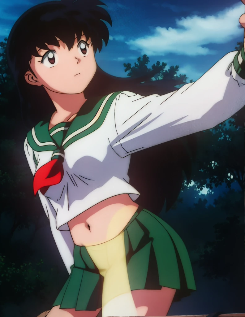 1girl, solo, outdoors, long hair, brown eyes, school uniform,(Masterpiece: 1.6, Best Quality), (Fine Beautiful Eyes: 1.2), (best quality, masterpiece, higher), green school uniform, soft thighs , long sleeves, white socks, scenery , Best Quality, ((anime)) ((Colored)) HD, Kagome Higurashi ,school uniforms, Standing, Green skirt, Red scarf, long hair, Black hair between the eyes, Thighs are soft, school background , black hair, skirt ,standing, green skirt, serafuku, belly button, stretching, both arms up high, looking down, looking at belly button, starring at belly button, happy