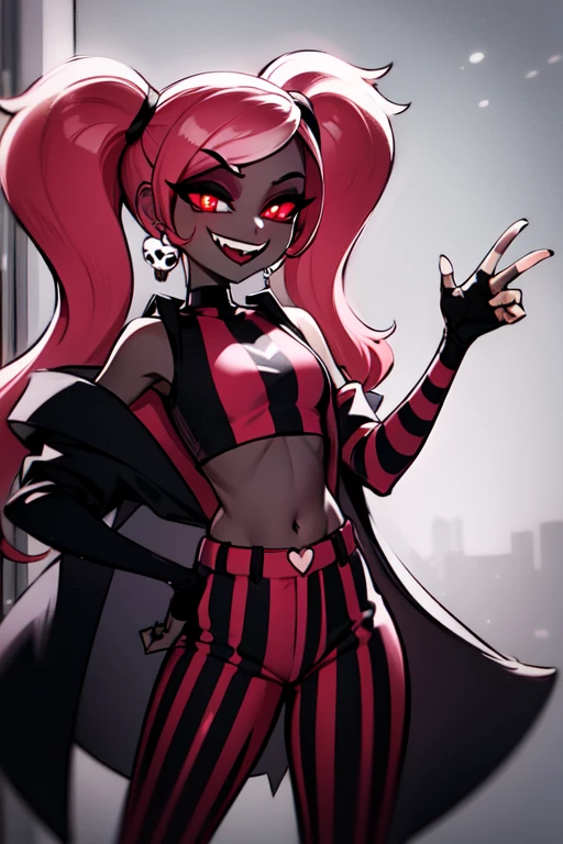 VelvetteHH, dark eyeshadow, white pupils, red sclera, pink hair, two-tone hair, twintails, long hair, skull earrings, colored skin, dark skin, fangs, black jacket, (black crop top:1.4), (crop top with heart design), bare shoulders, fingerless gloves, elbow gloves, (vertical striped pants:1.2), standing, smile, looking at viewer, indoors