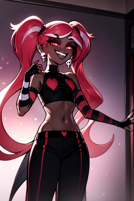 VelvetteHH, dark eyeshadow, white pupils, red sclera, pink hair, two-tone hair, twintails, long hair, skull earrings, colored skin, dark skin, fangs, black jacket, (black crop top:1.4), (crop top with heart design), bare shoulders, fingerless gloves, elbow gloves, (vertical striped pants:1.2), standing, smile, looking at viewer, indoors