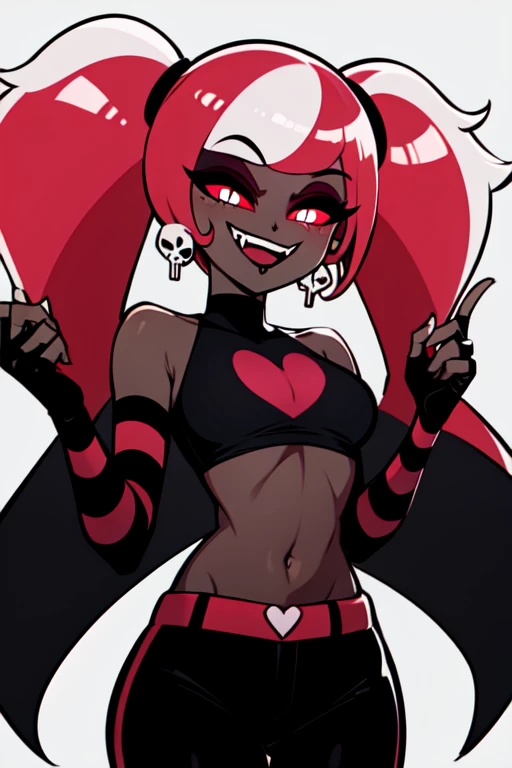 VelvetteHH, dark eyeshadow, white pupils, red sclera, pink hair, two-tone hair, twintails, long hair, skull earrings, colored skin, dark skin, fangs, black jacket, (black crop top:1.4), (crop top with heart design), bare shoulders, fingerless gloves, elbow gloves, (vertical striped pants:1.2), standing, smile, looking at viewer, indoors