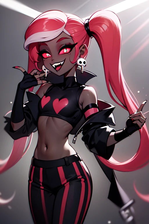 VelvetteHH, dark eyeshadow, white pupils, red sclera, pink hair, two-tone hair, twintails, long hair, skull earrings, colored skin, dark skin, fangs, black jacket, (black crop top:1.4), (crop top with heart design), bare shoulders, fingerless gloves, elbow gloves, (vertical striped pants:1.2), standing, smile, looking at viewer, indoors