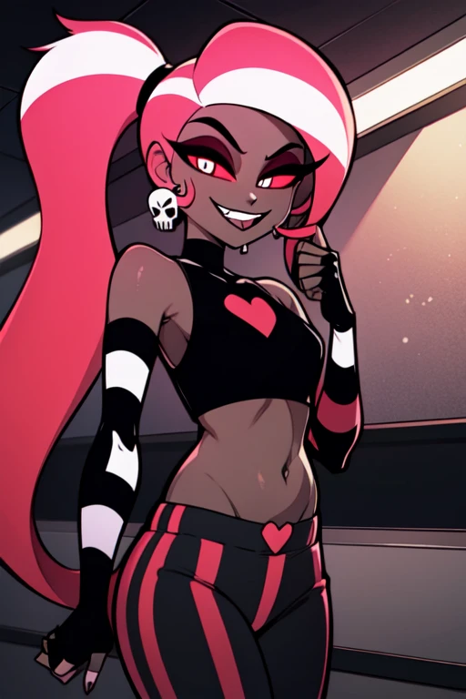 VelvetteHH, dark eyeshadow, white pupils, red sclera, pink hair, two-tone hair, twintails, long hair, skull earrings, colored skin, dark skin, fangs, black jacket, (black crop top:1.4), (crop top with heart design), bare shoulders, fingerless gloves, elbow gloves, (vertical striped pants:1.2), standing, smile, looking at viewer, indoors