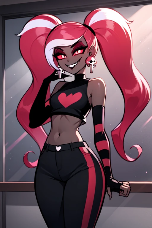 VelvetteHH, dark eyeshadow, white pupils, red sclera, pink hair, two-tone hair, twintails, long hair, skull earrings, colored skin, dark skin, fangs, black jacket, (black crop top:1.4), (crop top with heart design), bare shoulders, fingerless gloves, elbow gloves, (vertical striped pants:1.2), standing, smile, looking at viewer, indoors