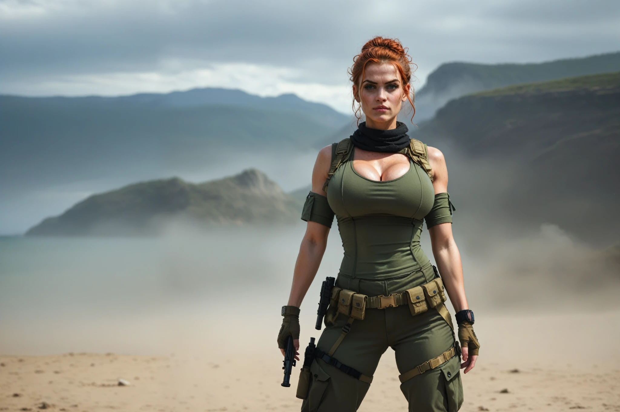 high quality picture, 8k portrayal, 30yo redhead woman, long messy hair, detailed angry face, (intricate details), dressed in military tactical apparel, (cleavage breasts), plunging neckline, ((huge round breasts)), ((highly detailed)). Holding an AR 15 Assault rifle on hands, posing, fierce standing outside a military base camp on sunny day, detailed surroundings, Movie Still, epic background, Film Still, Cinematic Shot, Cinematic Lighting, dramatic lighting, (beautiful legs), HDR enhancement, ultra fine texture.

