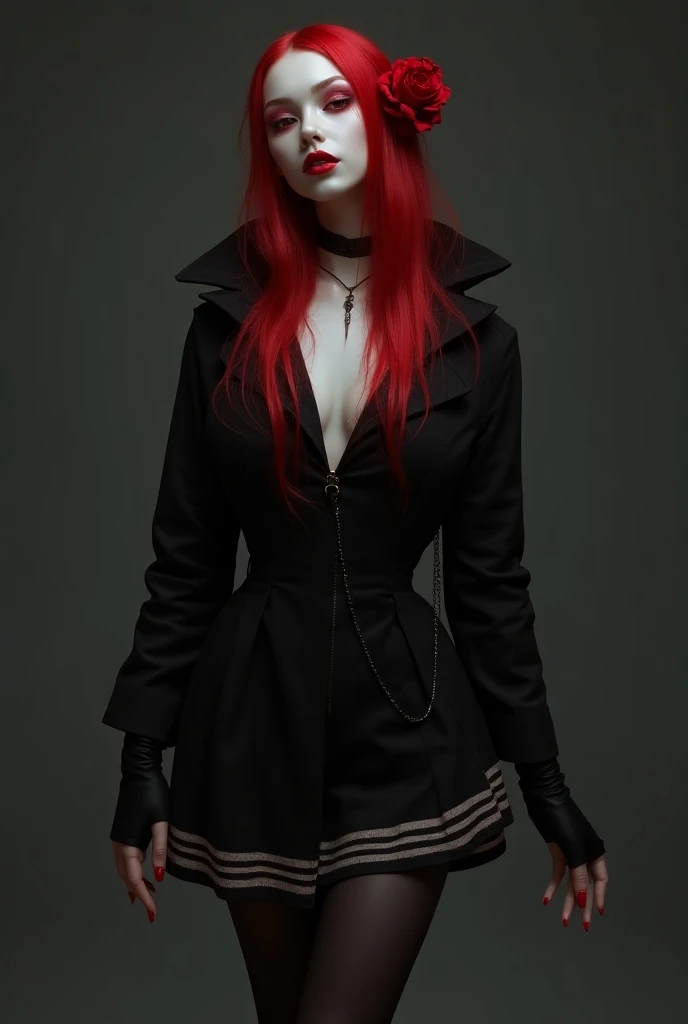 Full body drawing of a tall, pale, thin woman with orange hair and haves red crimson eyes, approximately 27 years old.
she always looks tired and practices witchcraft, she always wears black and red gothic/punk style clothes with red glasses