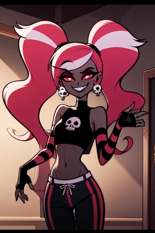 VelvetteHH, dark eyeshadow, white pupils, red sclera, pink hair, two-tone hair, twintails, long hair, skull earrings, colored skin, dark skin, fangs, black jacket, (black crop top:1.4), (crop top with heart design), bare shoulders, fingerless gloves, elbow gloves, (vertical striped pants:1.2), standing, smile, looking at viewer, indoors