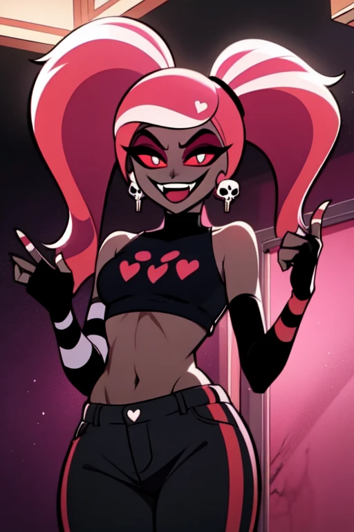 VelvetteHH, dark eyeshadow, white pupils, red sclera, pink hair, two-tone hair, twintails, long hair, skull earrings, colored skin, dark skin, fangs, black jacket, (black crop top:1.4), (crop top with heart design), bare shoulders, fingerless gloves, elbow gloves, (vertical striped pants:1.2), standing, smile, looking at viewer, indoors