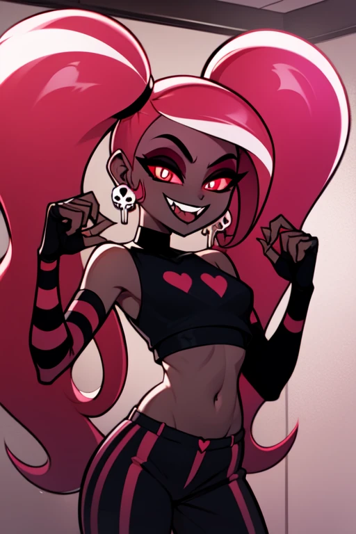 VelvetteHH, dark eyeshadow, white pupils, red sclera, pink hair, two-tone hair, twintails, long hair, skull earrings, colored skin, dark skin, fangs, black jacket, (black crop top:1.4), (crop top with heart design), bare shoulders, fingerless gloves, elbow gloves, (vertical striped pants:1.2), standing, smile, looking at viewer, indoors