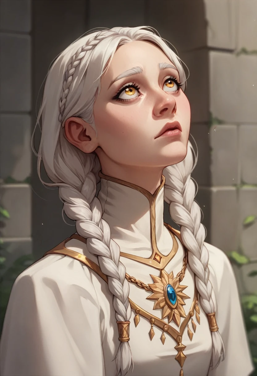 best quality, masterpiece,white hair, gold eyes,white clothes, looking up, upper body,hair strand,Fair skin,side braids