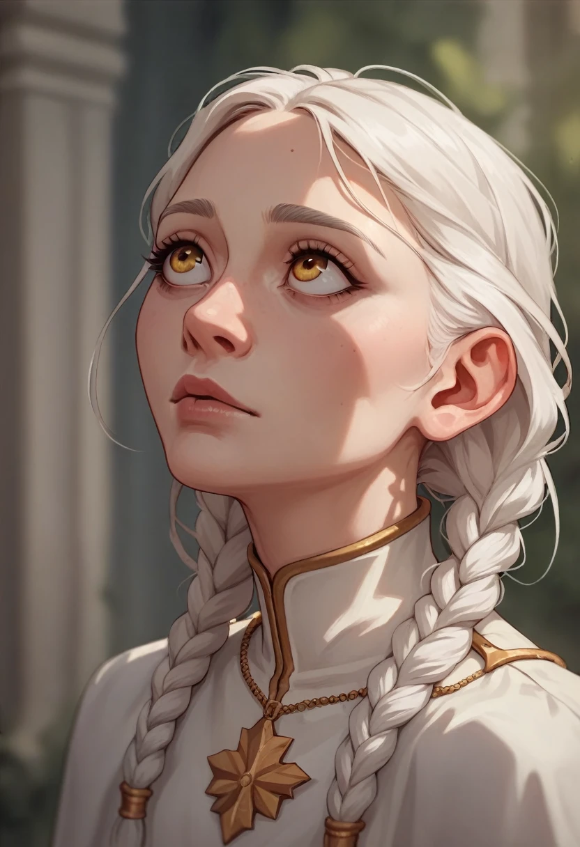 best quality, masterpiece,white hair, gold eyes,white clothes, looking up, upper body,hair strand,Fair skin,side braids