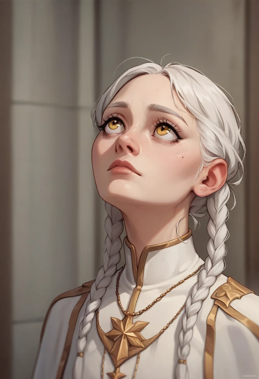 best quality, masterpiece,white hair, gold eyes,white clothes, looking up, upper body,hair strand,Fair skin,side braids