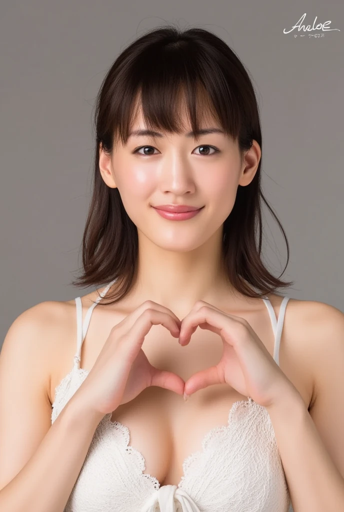 She is in a pose wearing a sexy camisole, making a firm big heart shape with both hands, and holding it in front of her chest, Cute smile up、Monotone background

