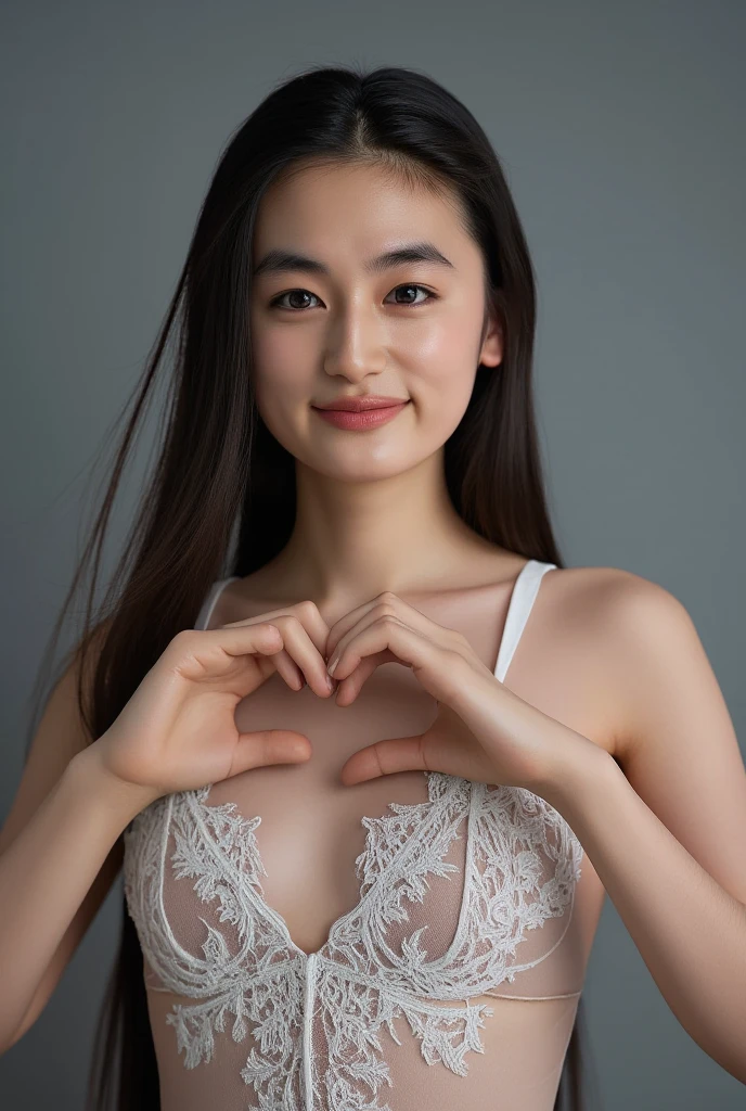 She is in a pose wearing a sexy camisole, making a firm big heart shape with both hands, and holding it in front of her chest, Cute smile up、Monotone background

