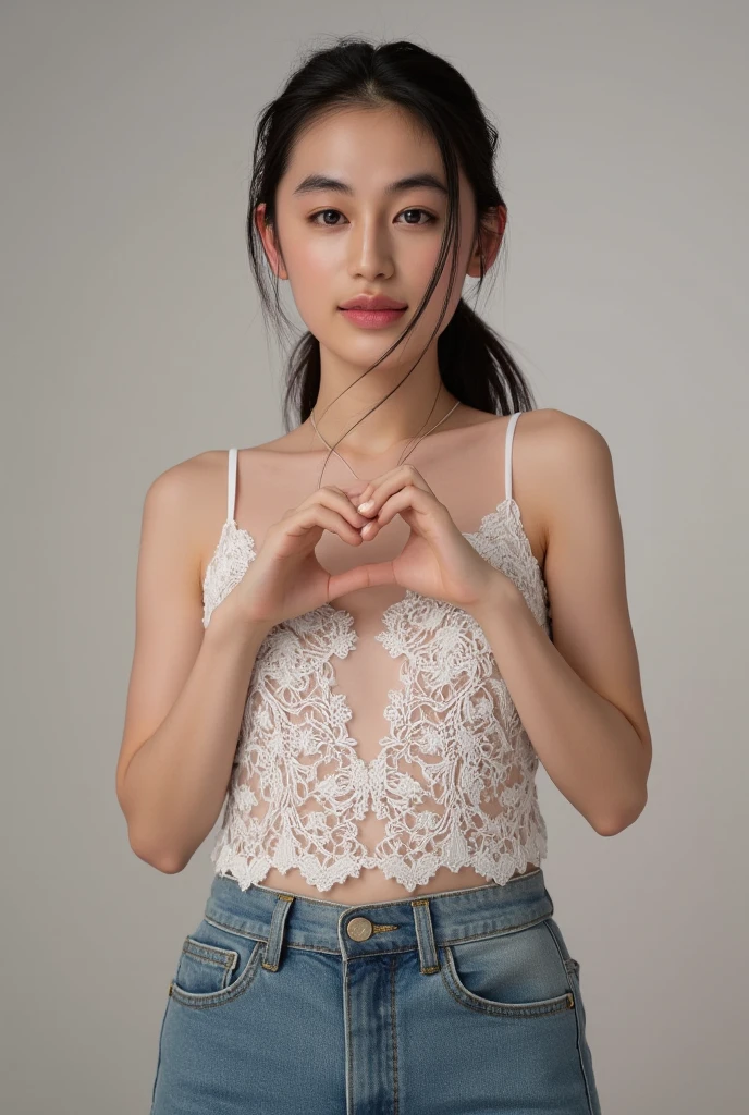 She is in a pose wearing a sexy camisole, making a firm big heart shape with both hands, and holding it in front of her chest, Cute smile up、Monotone background

