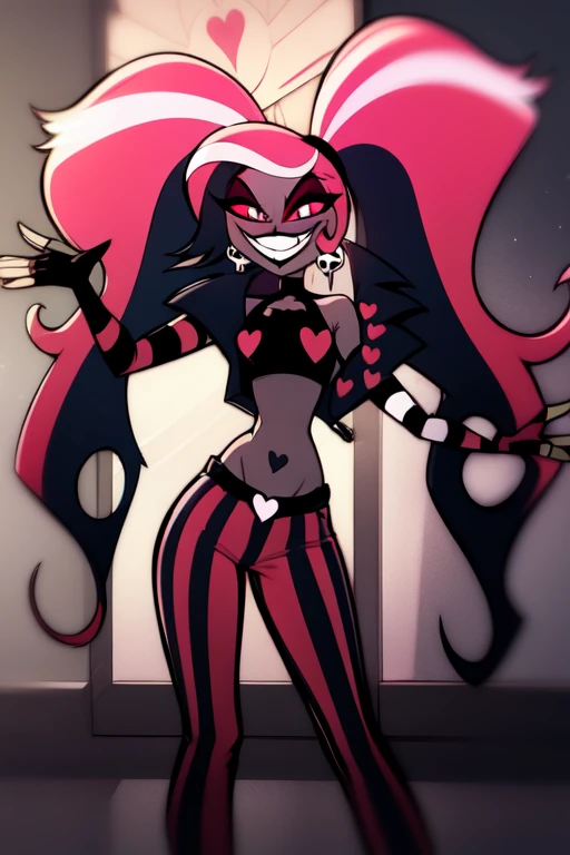 VelvetteHH, dark eyeshadow, white pupils, red sclera, pink hair, two-tone hair, twintails, long hair, skull earrings, colored skin, dark skin, fangs, black trench jacket, (black crop top:1.4), (crop top with heart design), bare shoulders, fingerless gloves, elbow gloves, (vertical striped pants:1.2), standing, smile,indoors