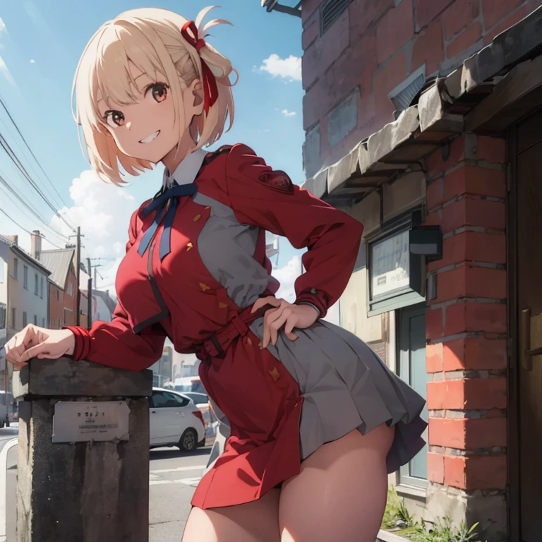 High Quality, Masterpiece, 1girl, nishikigi chisato, yellow hair, bob cut, hair ribbon, lycoris uniform, two-tone dress, huge breast, thick legs, red dress, grey dress, neck ribbon, long sleeves, double v, seductive smile, grin, leaning forward, thighight, hands on hip