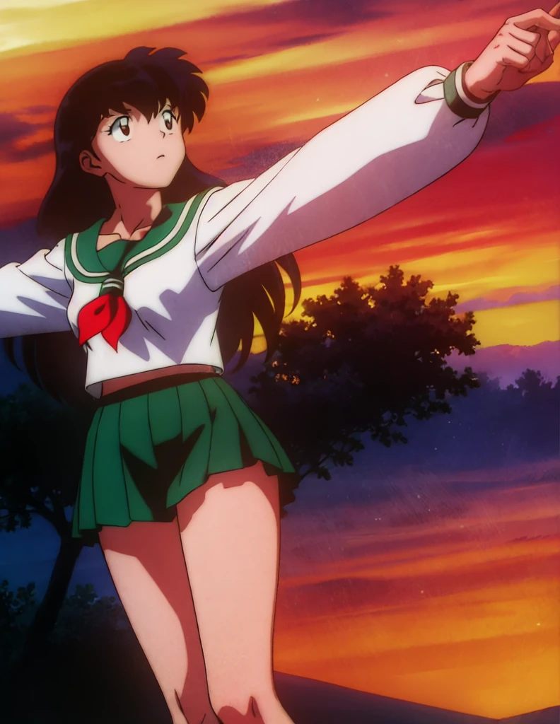 1girl, solo, outdoors, long hair, brown eyes, school uniform,(Masterpiece: 1.6, Best Quality), (Fine Beautiful Eyes: 1.2), (best quality, masterpiece, higher), green school uniform, soft thighs , long sleeves, white socks, scenery , Best Quality, ((anime)) ((Colored)) HD, Kagome Higurashi ,school uniforms, Standing, Green skirt, Red scarf, long hair, Black hair between the eyes, Thighs are soft, school background , black hair, skirt ,standing, green skirt, serafuku, belly button, stretching, both arms up high, scared