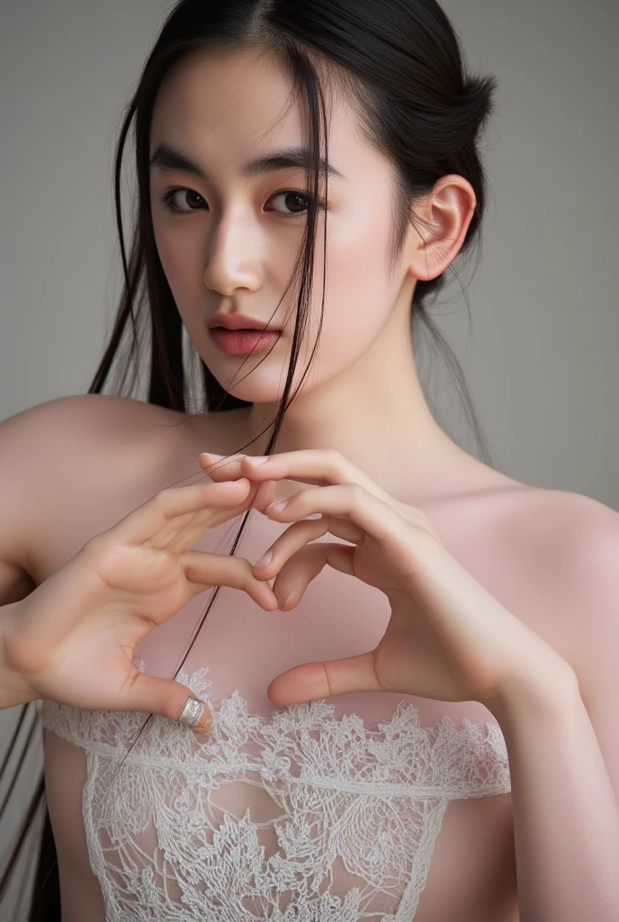 She is in a pose wearing a sexy camisole, making a firm big heart shape with both hands, and holding it in front of her chest, Cute smile up、Monotone background

