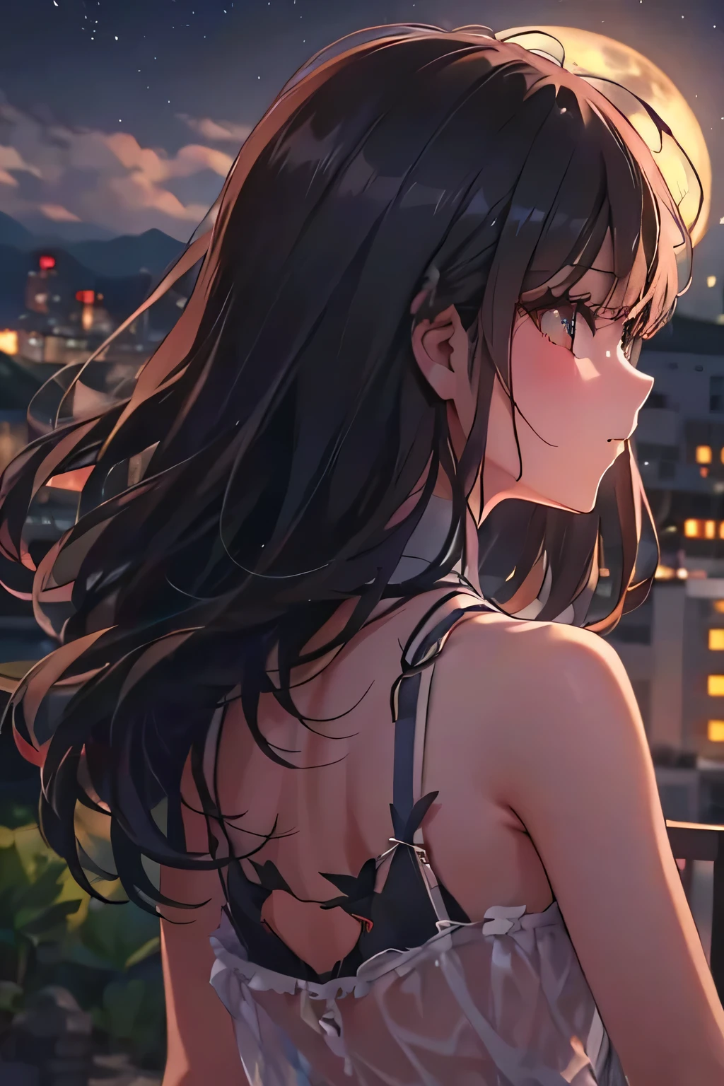 Full moon night。Detailed and delicate night view of the city 。 Back view of a beautiful girl with dark hair and brown eyes looking at a burnt picture from a hill。