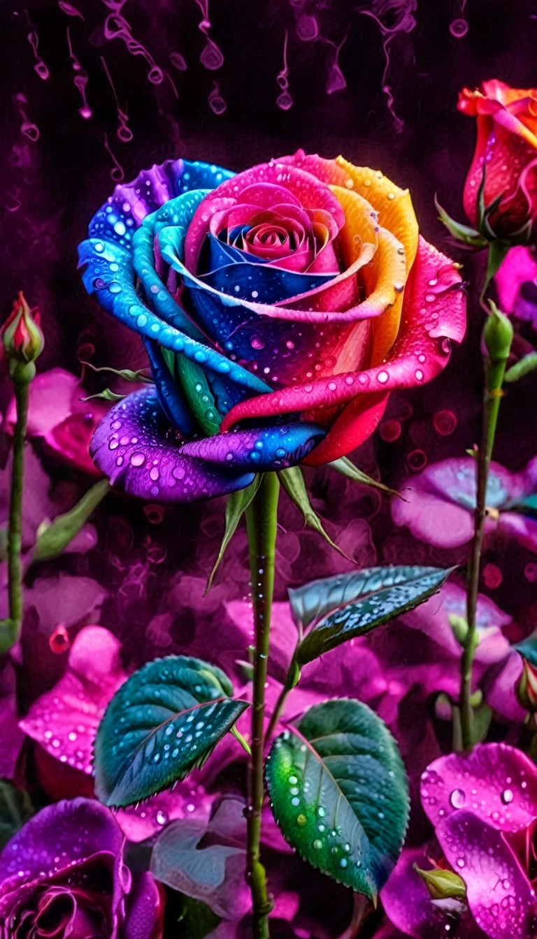 cinematic photo, breathtaking, A realistic colorful ink and wash with vibrant watercolor sketch of a volumetric rose,  dynamically shaped with a different brilliant color ranging from red, yellow, green, to purple, and blue. with light reflections giving the image depth and a three-dimensional look, background is dark, splash art pop and appear even more luminous, . award-winning, professional, highly detailed . 35mm photograph, film, bokeh, professional, 4k, highly detailed, visiosomni