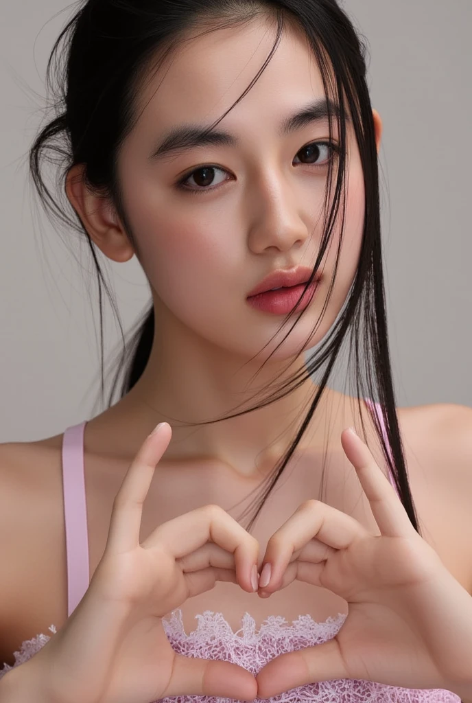 She is in a pose wearing a sexy camisole, making a firm big heart shape with both hands, and holding it in front of her chest, Cute smile up、Monotone background

