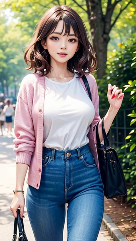 Best Quality, Masterpiece, Beautiful and Aesthetic, 16K, (HDR: 1.4), High Contrast, Bokeh: 1.2, Lens Flare, (Vivid Colors: 1.4),cinematic lighting,depth of field, film lighting, ambient light, side light, exquisite details and textures, cinematic lens, warm tones, (bright and intense: 1.2), wide-angle lens, hyper-realistic, (mideum shot), BREAK 1 girl,Japanese,22 yo,beautifull detailed face,A smile with a little visible teeth,(Slender body:1.5),((Wearing a hoodie)), BREAK pastel camisole,cargo shorts, ((Have a small handbag)), Beautiful detailed skin,Skin Texture,Floating hair over one eye,((fluffy hairstyle)),Black very short wavy pixie hair,(cleavage),cheerful pose,day,daylight,outdoor,braless,Glasses,
