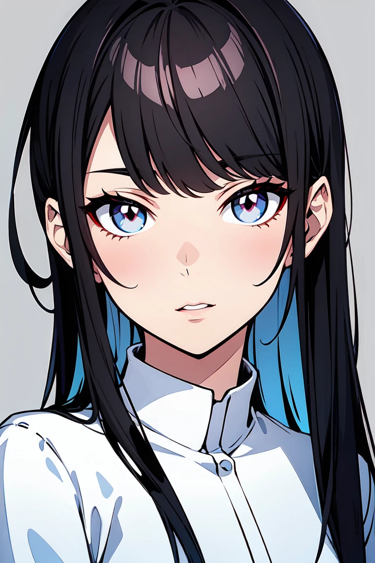  Woman with black hair and different colored eyes,one red and the other blue 