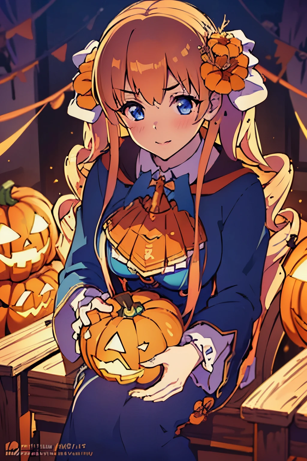 (best quality,4k,8k,highres,masterpiece:1.2),ultra-detailed,(realistic,photorealistic,photo-realistic:1.37),A girl with long blonde hair, soft blue, in Halloween T-shirt carving a pumpkin for Halloween, intricate pumpkin carving, beautiful detailed eyes, beautiful detailed lips, long eyelashes, autumn-themed porch background, orange lighting, cozy and warm atmosphere, vibrant colors, Halloween spirit, spooky but cute aesthetic, festive attire, magical feel, shadow and light interplay, imaginative and creative scene.