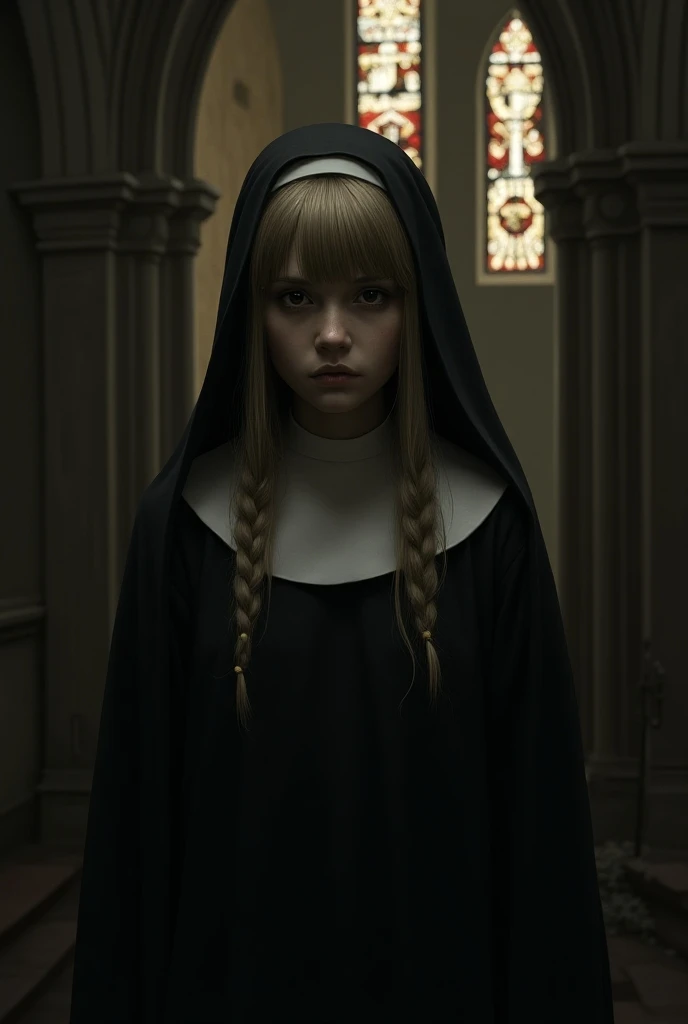 photorealistic,(whole body, legs and 靴 visible: 1.2), Hide your eyebrows,scared expression, Encloses the eyes, narrow your eyes,Eyes slightly open, golden rosary Interior background of the church. Stained glass Dirty broken bed A lot of sweat is running down my forehead. Sunset orange room, Excessive sweating on the face.,cold sweat,Sweat dripping from the forehead, drooling, very dirty bed, Pipe bed The whole body is sticky with mucus threads cheered up Monk of the Black Valley'His Habits nuns Dressing as a monk'law Shiny rubber sister costume long blond hair Super long black rubber gloves Beautiful droopy eyes I'worry pale pink blush Black shiny rubber riding suit 粘液がwhole bodyにまとわりつく wet lips whole bodyから汗が噴き出している Threads of saliva tangle all over my body.. The Nun'His clothes are covered in lotion embarrassing blush whole body汗だく embarrassing very big breasts looking to the camera college student year: 20 Illustrated style cheered up風 beautiful girl pink cheeks long blond hair super curly hair Super long sideburns metallic shine